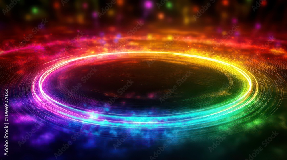 Abstract neon rainbow wallpaper showing hologram circle technology in a HUD style Abstract neon rainbow wallpaper showing hologram circle technology in a HUD style