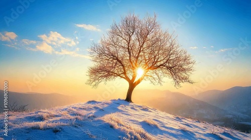 Sunrise Over Mountain with Snow-Covered Tree. AI generated illustration