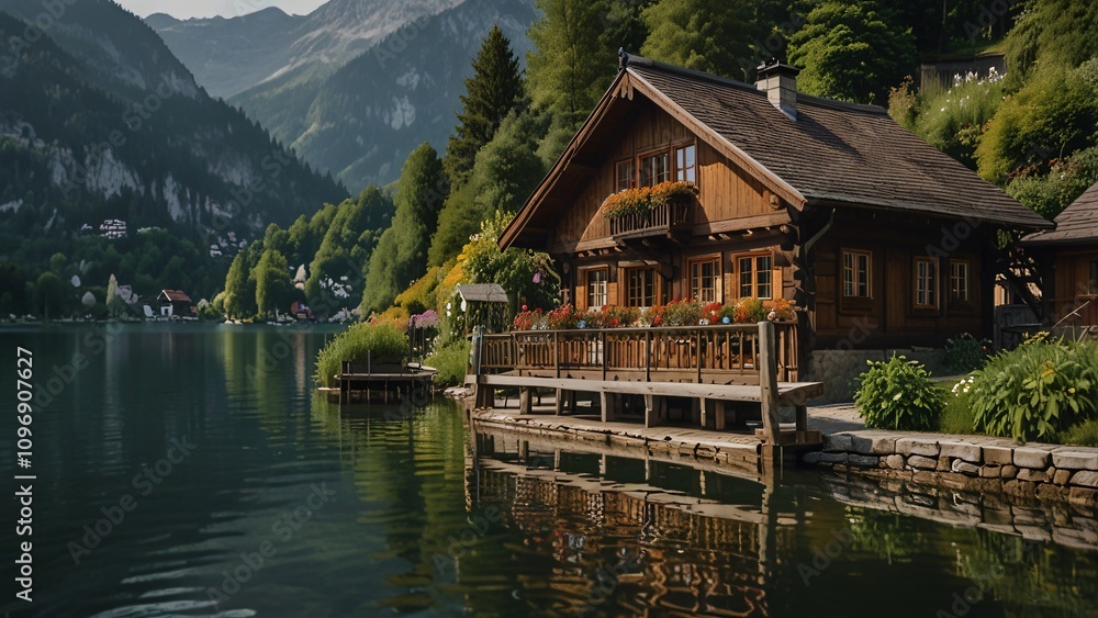 Lakeside Wooden Cabin Mountain Lake House Alpine Scenery Lakeside Wooden Cabin Mountain Lake House Alpine Scenery