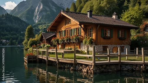 Lakeside Alpine Wooden House Mountain Lake Cottage Scenic View