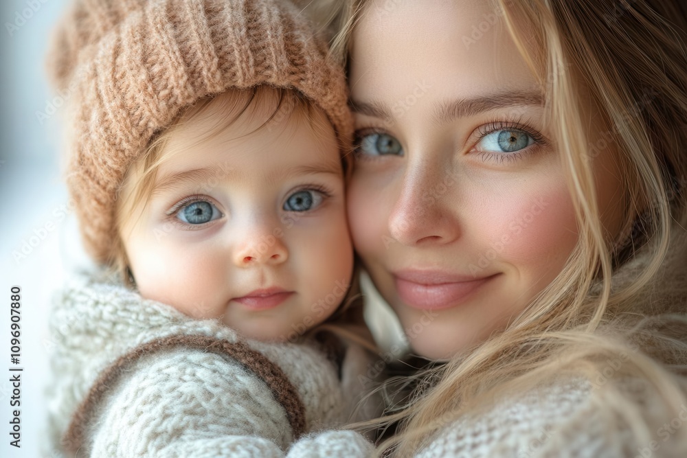 a joyful mother embraces her baby girl in a close-up portrait, exuding warmth and love. the soft, white background enhances the tender moment, capturing the essence of familial bonds and affection a joyful mother embraces her baby girl in a close-up portrait, exuding warmth and love. the soft, white background enhances the tender moment, capturing the essence of familial bonds and affection