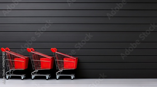 Shopping carts aligned neatly outside an advertising store ready for customer use and engagement photo