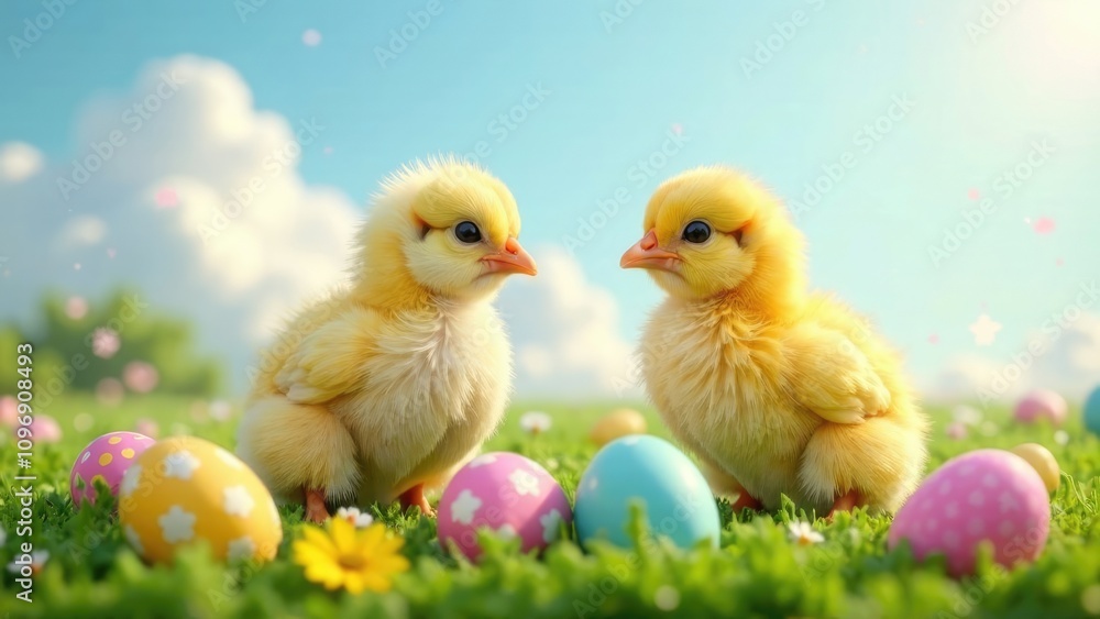 Two fluffy yellow baby chicks face each other amidst pastel Easter eggs scattered on a sunny green lawn, creating a cheerful springtime scene. Concept of Easter, new life, and spring. Two fluffy yellow baby chicks face each other amidst pastel Easter eggs scattered on a sunny green lawn, creating a cheerful springtime scene. Concept of Easter, new life, and spring.