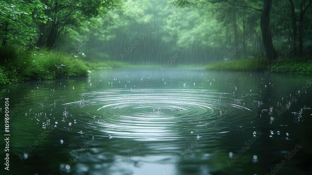 Rainy Day Serenity: A Tranquil Forest Lake Under Soft Rain Rainy Day Serenity: A Tranquil Forest Lake Under Soft Rain