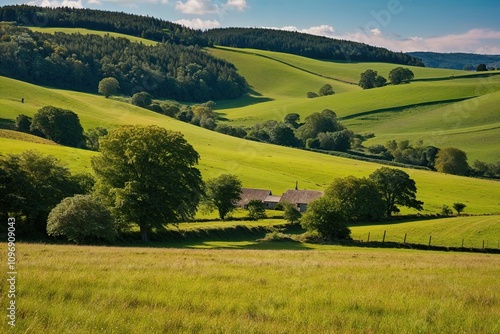 Peaceful Countryside Landscape with Rolling Hills and Serene Nature