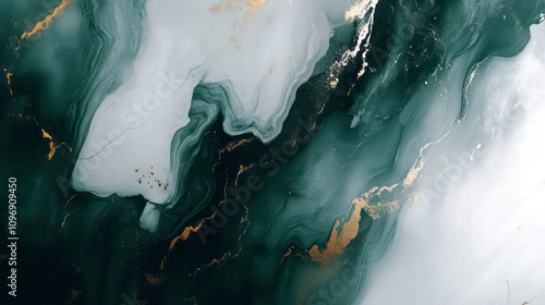 Abstract background or wallpaper of green gold, and white ink like liquid fluid painted painting texture marble stone in luxury theme. photo