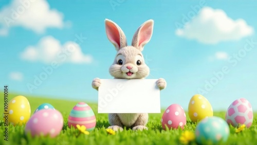 Wallpaper Mural A cute cartoon bunny rabbit holds a blank sign in front of a backdrop of colorful Easter eggs in a sunny field of grass. Concept of an Easter greeting card or advertisement.
 Torontodigital.ca