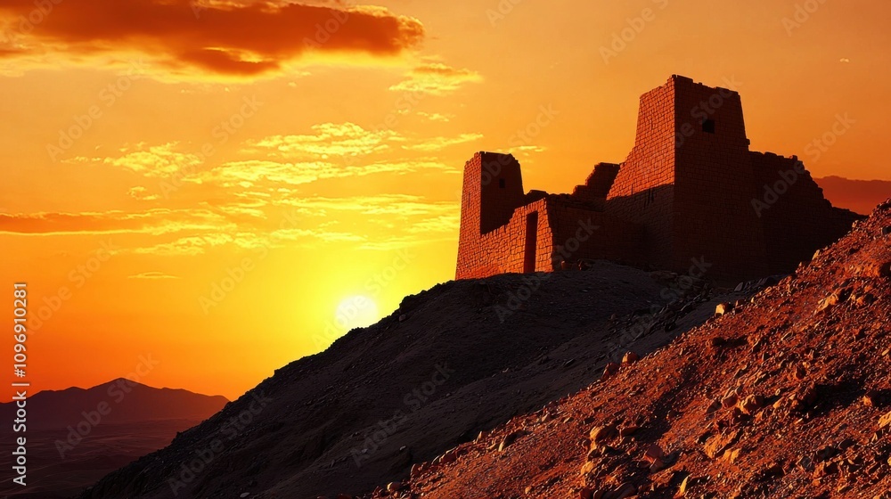 Obraz premium Majestic Sunset Over Dramatic Desert Fortress Ruins in Remote Landscape