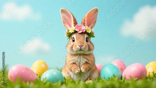 Wallpaper Mural A cute bunny rabbit wearing a flower crown sits in the grass surrounded by pastel Easter eggs against a bright blue sky.  Concept of Easter and springtime. Torontodigital.ca