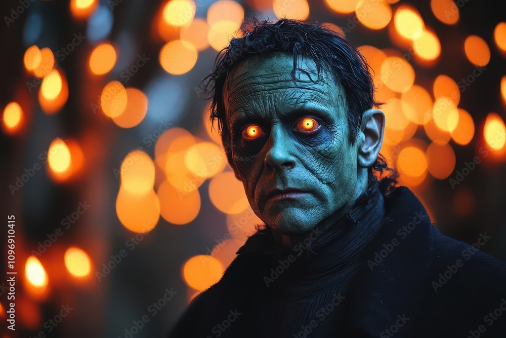 a man dressed as frankenstein stands under a vibrant green banner, embodying the playful spirit of halloween. the backdrop invites a sense of fun and creativity, perfect for seasonal festivities a man dressed as frankenstein stands under a vibrant green banner, embodying the playful spirit of halloween. the backdrop invites a sense of fun and creativity, perfect for seasonal festivities