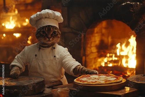 Fluffy Maine Coon cat dressed as a chef, tossing a tiny pizza on a white surface  photo