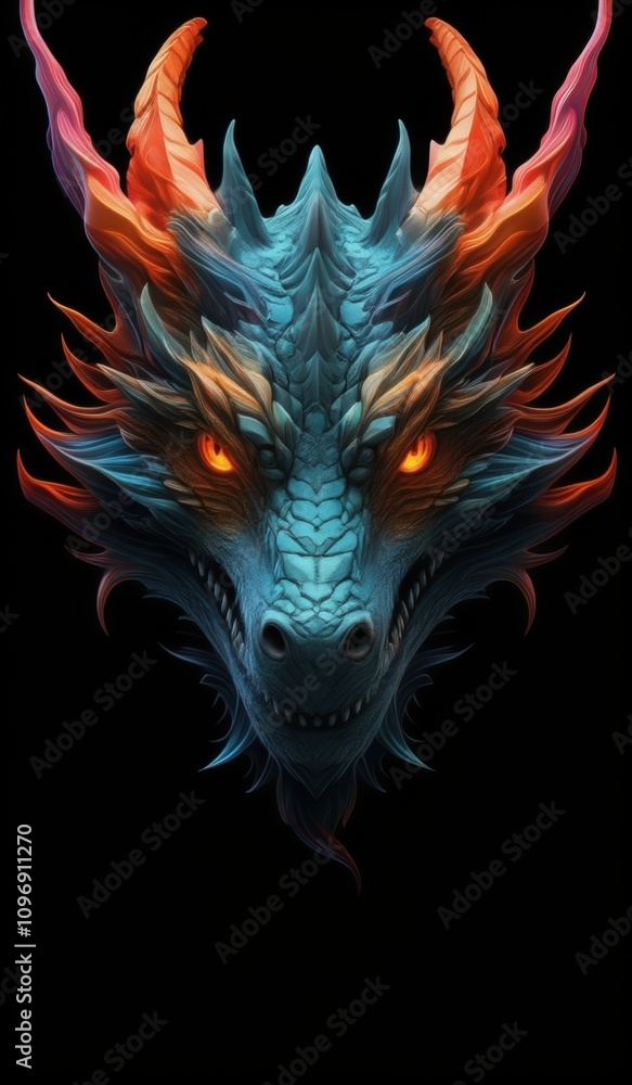 Dragon head seen from front and black background Dragon head seen from front and black background