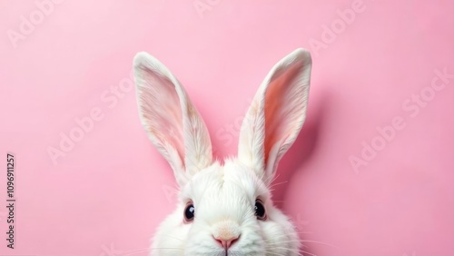 A cute white rabbit's face peeks from above, its long ears framing the image against a bright pink background, perfect for Easter or spring themes. Concept of a playful Easter bunny.