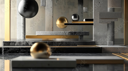 seamless abstract Luxurious and Minimalist 3d Interior with Multiple Objects, A collection of shiny crystal angular metal cubes and balls, table with vases in a contemporary interior.