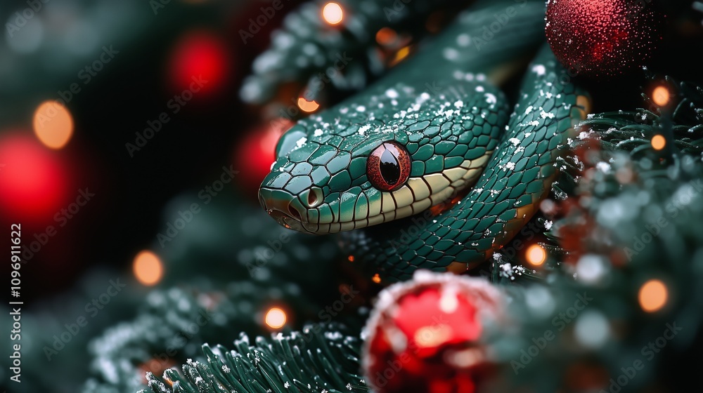 Cute green snake with Christmas decorations on a Christmas tree. Cute green snake with Christmas decorations on a Christmas tree.