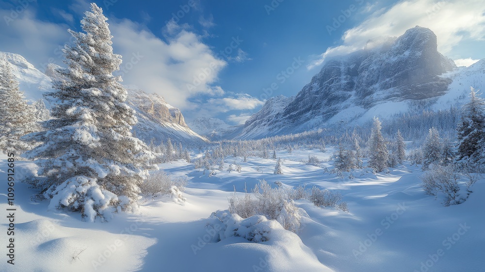Obraz premium Snow Covered Mountain Valley Winter Landscape Scene