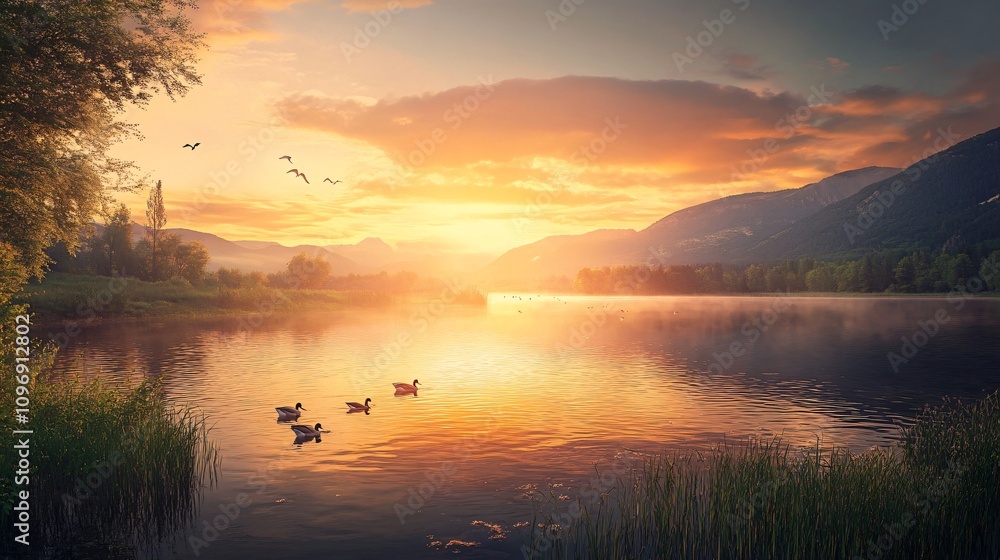 Serene Sunset Over Calm Lake with Ducks Serene Sunset Over Calm Lake with Ducks