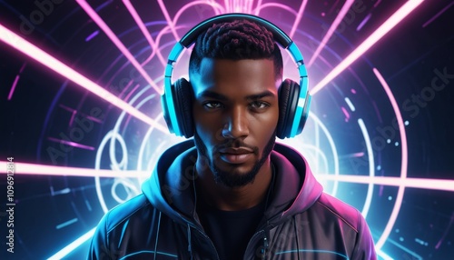Wallpaper Mural Silent disco DJ wearing headphones with colorful light rays and glowing background Torontodigital.ca