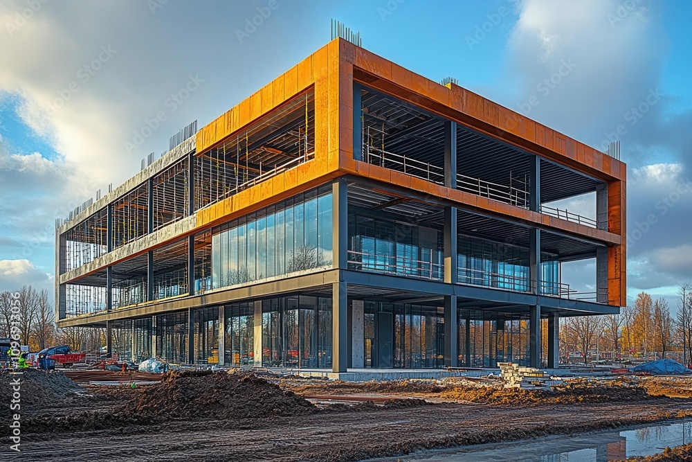 Obraz premium a modern construction site features a blend of concrete and steel frameworks under development, illustrating the innovation and progress in contemporary architecture