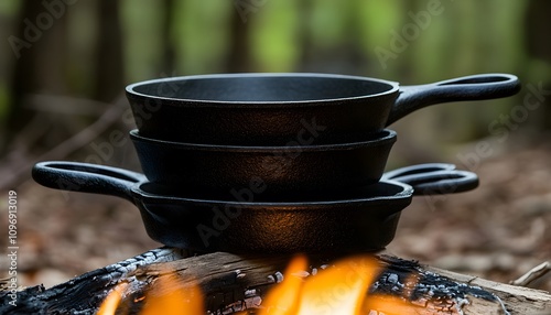 A stack of cast-iron skillets sitting on top of each other over the fire, ready to be used for cooking at a campsite. photo