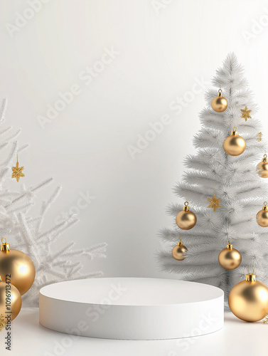 Christmas scene for showcasing cosmetic products. plinth for product demonstration on a white festive background. Christmas and New Year design for Business