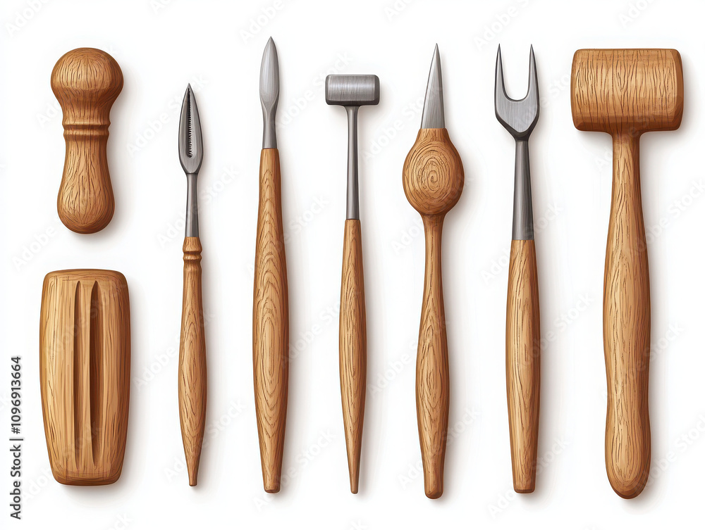 a woodcarving set, fine chisels and mallets, hyperrealistic illustration, elegant arrangement, isolated on white background a woodcarving set, fine chisels and mallets, hyperrealistic illustration, elegant arrangement, isolated on white background