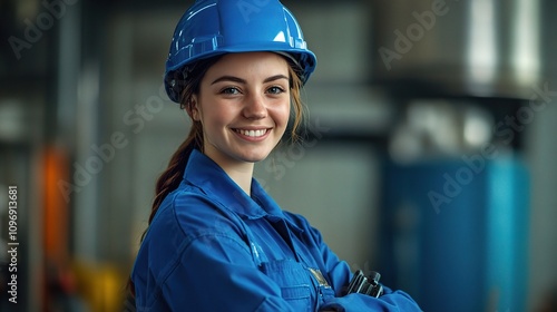 Young Female Engineer with Bright Smile in Industrial Setting