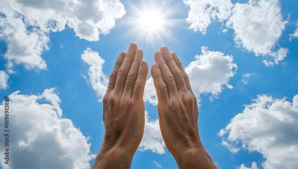 The hands of a man raised in prayer, with the sky and clouds behind him. The background is blue with white clouds, clean sharp, white theme. The hands of a man raised in prayer, with the sky and clouds behind him. The background is blue with white clouds, clean sharp, white theme.