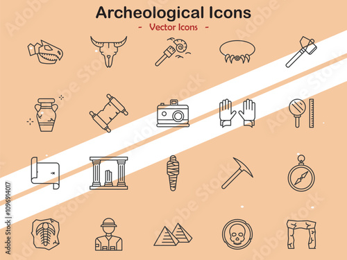 Icons depicting archaeological artifacts and historical sites in vector style
