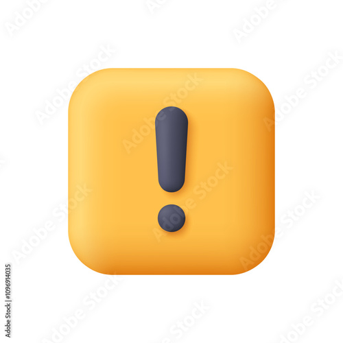 Exclamation sign on yellow square app button. Alert, warning, caution and danger concept. 3d vector icon. Cartoon minimal style.