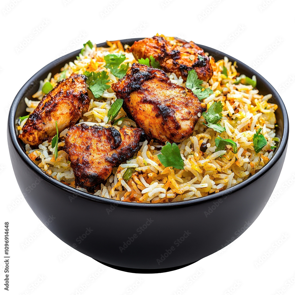 A bowl of rice with chicken and green herbs A bowl of rice with chicken and green herbs