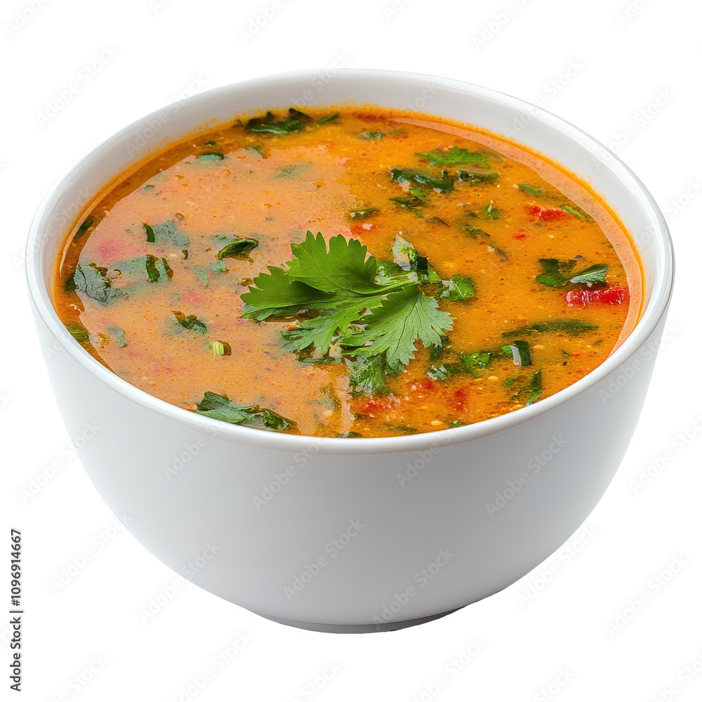 A bowl of soup with a green herb on top A bowl of soup with a green herb on top