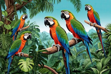 Crédence de cuisine  Tropical Rainforest Illustration with Parrots and Exotic Plants  © Michael