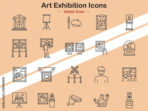 Icons illustrating art exhibition themes and gallery scenes in vector style