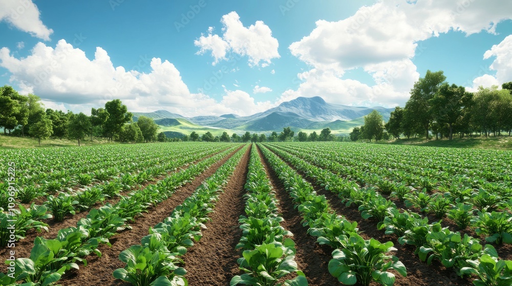 Lush Green Crop Rows In A Mountain Valley Lush Green Crop Rows In A Mountain Valley