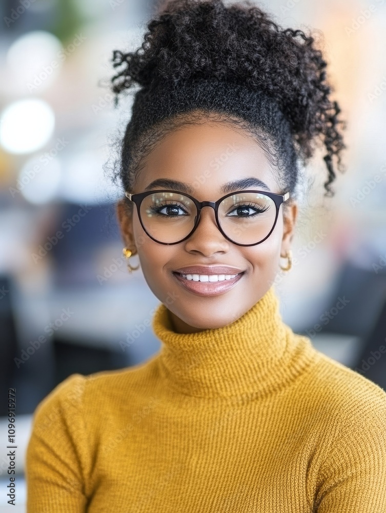 Confident smiling black woman wearing glasses and mustard sweater Confident smiling black woman wearing glasses and mustard sweater