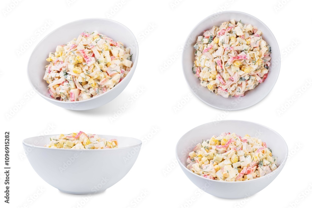 Imitation crab meat corn cucumber salad in a bowl on a white isolated background Imitation crab meat corn cucumber salad in a bowl on a white isolated background