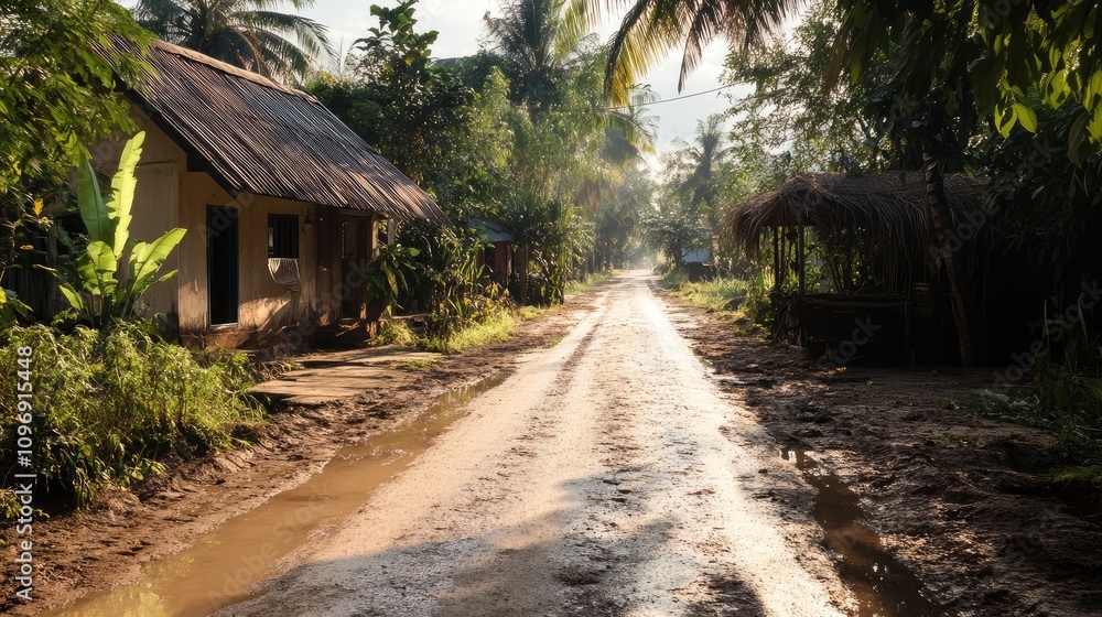Serene Country Road Surrounded by Lush Greenery and Rustic Homes in a Peaceful Rural Landscape at Sunrise, Capturing the Beauty of Nature Serene Country Road Surrounded by Lush Greenery and Rustic Homes in a Peaceful Rural Landscape at Sunrise, Capturing the Beauty of Nature