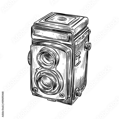 old camera vector line art hand drawn illustration