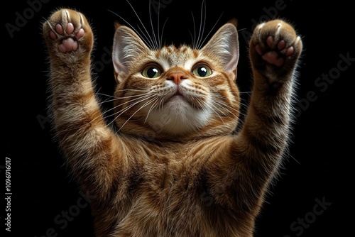 a playful cat stands upright with its front paws raised, showcasing a spirited personality against a transparent background, capturing a moment of curiosity and playfulness in a whimsical style