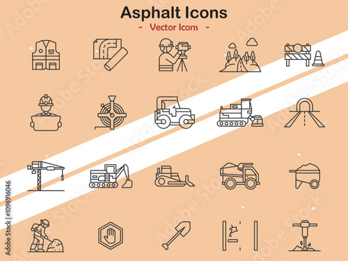 Icons representing asphalt and roadwork concepts in vector style