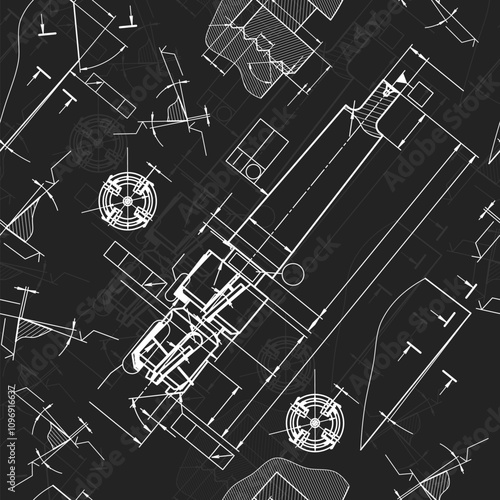 Mechanical engineering drawings on black background. Tap tools, borer. Technical Design. Cover. Blueprint. Seamless pattern. Vector illustration.