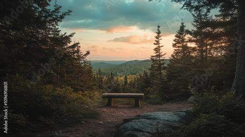 Acadia National Park Panorama: Mountain Forest Landscape on Rustic Wooden Stand with Soft Evening Lighting. Vertical Poster Design.