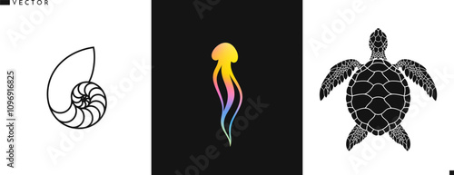 Bright ocean symbol. Abstract reef silhouette. Isolated jellyfish nautilus shell and turtle