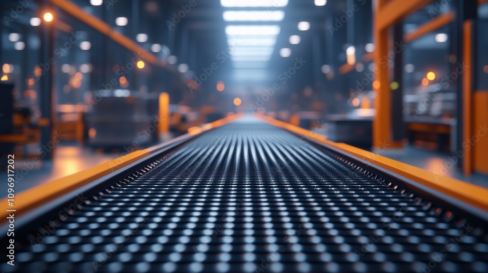 A modern industrial setting featuring a conveyor belt in a warehouse. A modern industrial setting featuring a conveyor belt in a warehouse.