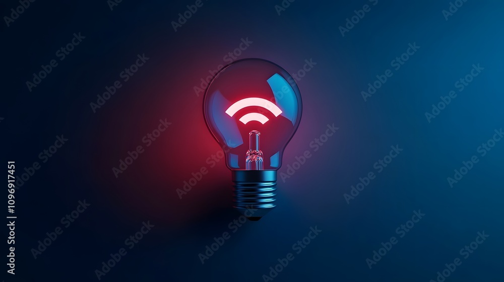 3D light bulb with a wireless signal icon on a dark blue background, symbolizing digital internet connection technology and the smart home concept. 3D light bulb with a wireless signal icon on a dark blue background, symbolizing digital internet connection technology and the smart home concept.