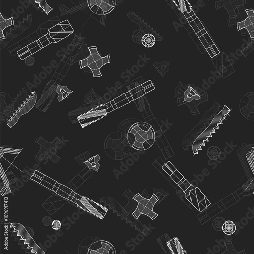 Mechanical engineering drawings on black background. Tap tools, borer. Technical Design. Cover. Blueprint. Seamless pattern. Vector illustration.