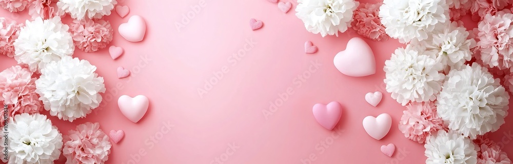 Pink background with white flowers and pink hearts. Pink background with white flowers and pink hearts.