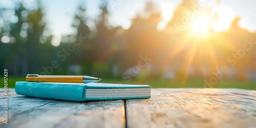 2025 New Year resolutions habits concept. A serene outdoor scene featuring a notebook and pen on a wooden table, illuminated by warm sunlight in a natural setting.