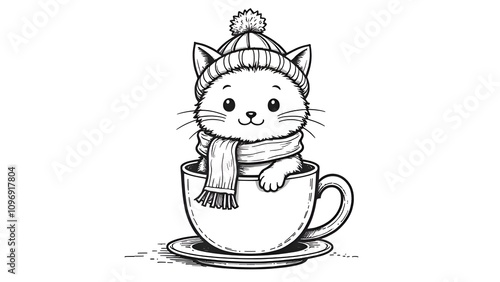 Children’s cute animal card. Coloring book, linear drawing. A cute kitten in a hat and scarf is sitting in a cup. White background